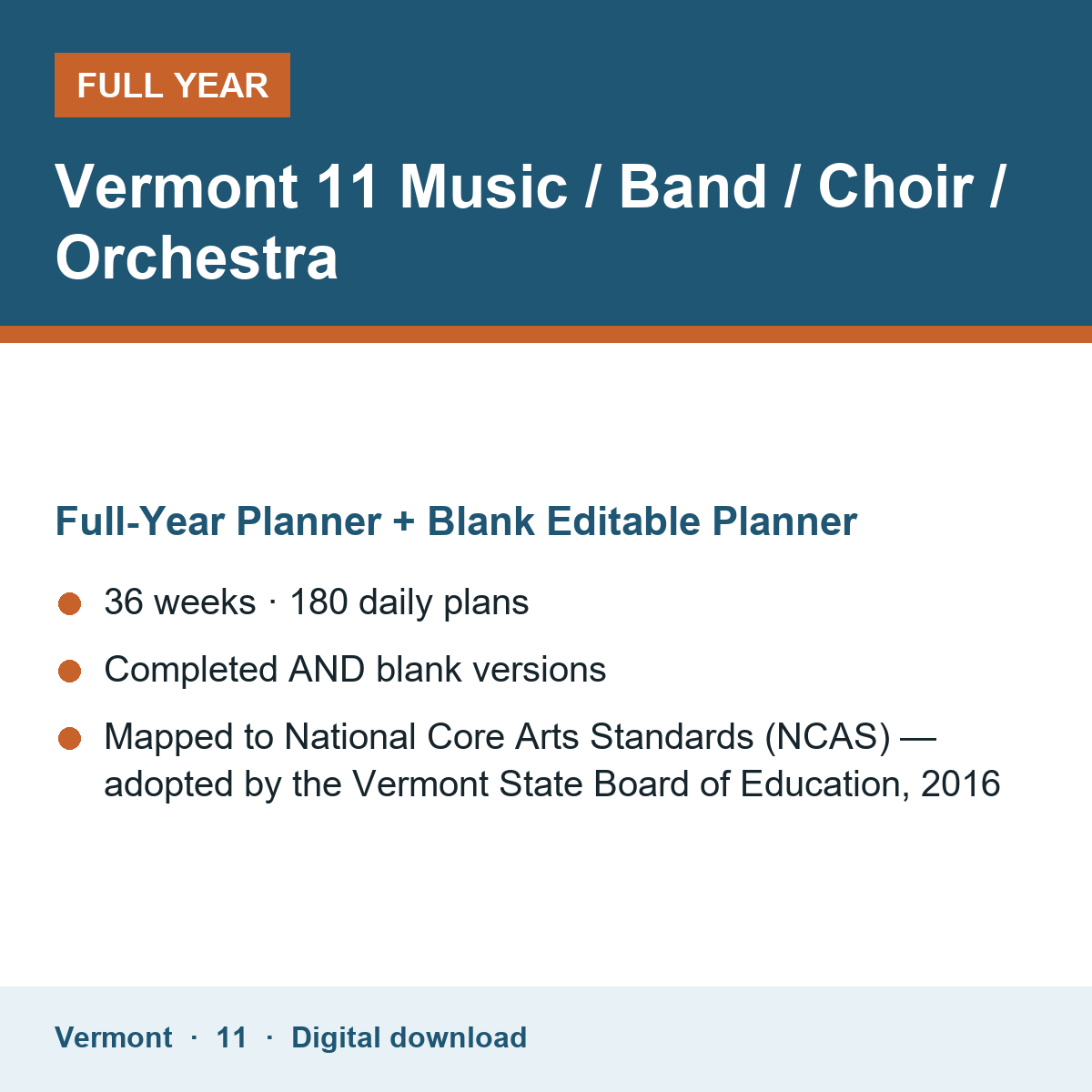 Cover of the Vermont Grade 11 Music / Band / Choir / Orchestra full-year teacher planner
