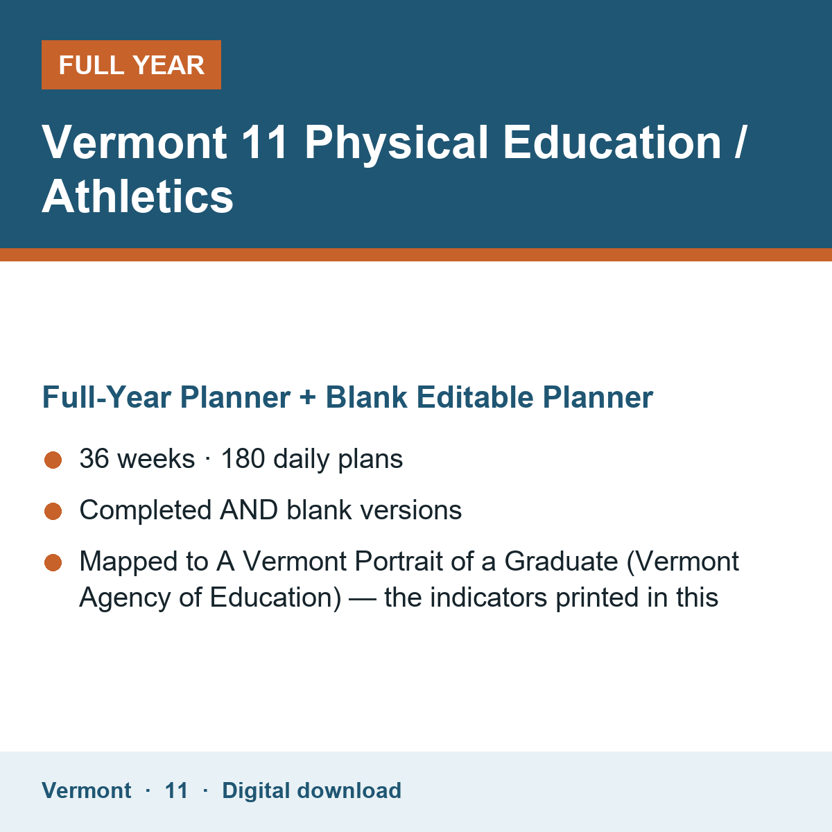 Cover of the Vermont Grade 11 Physical Education / Athletics full-year teacher planner