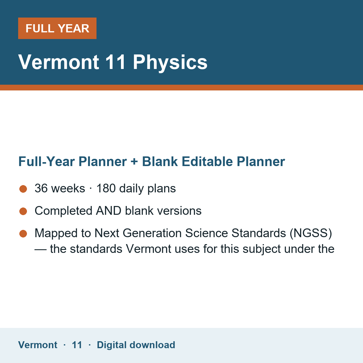 Cover of the Vermont Grade 11 Physics full-year teacher planner