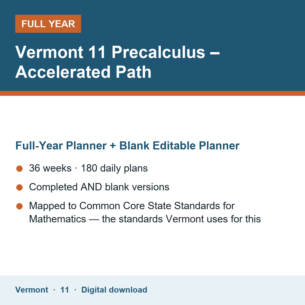 Cover of the Vermont Grade 11 Precalculus – Accelerated Path full-year teacher planner