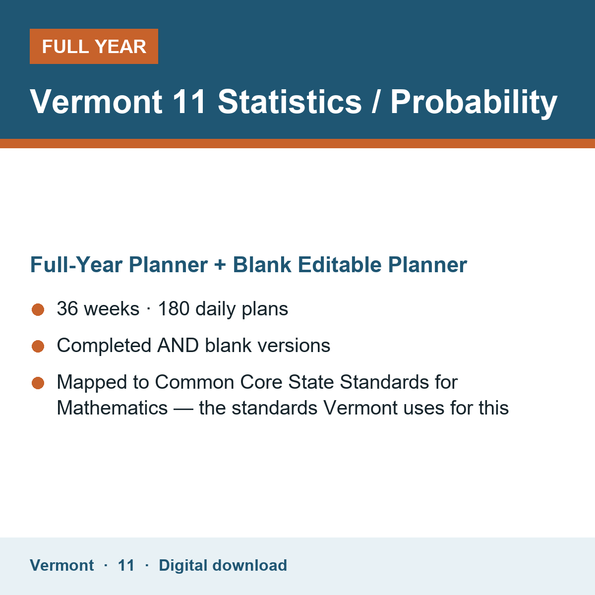 Cover of the Vermont Grade 11 Statistics / Probability full-year teacher planner