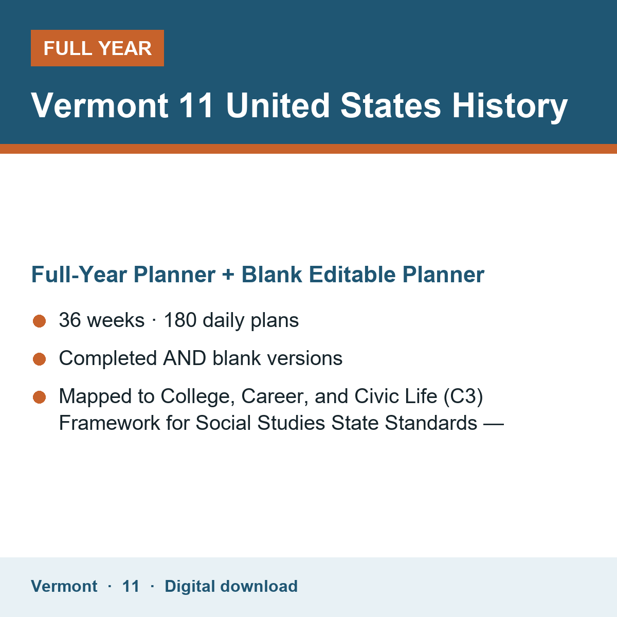 Cover of the Vermont Grade 11 United States History full-year teacher planner