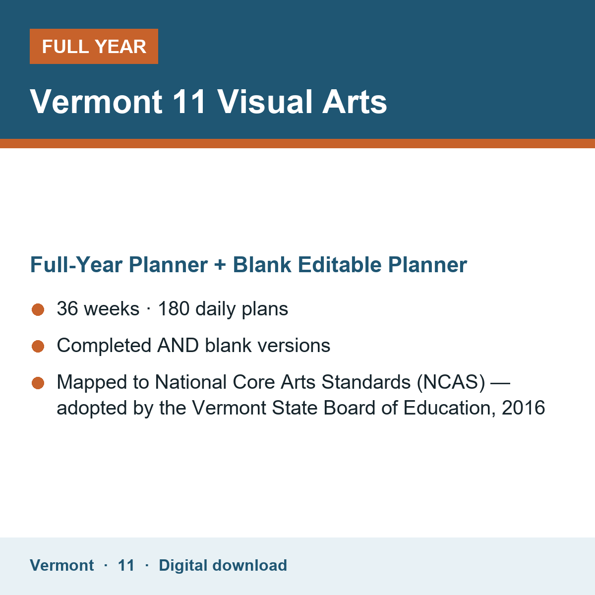 Cover of the Vermont Grade 11 Visual Arts full-year teacher planner