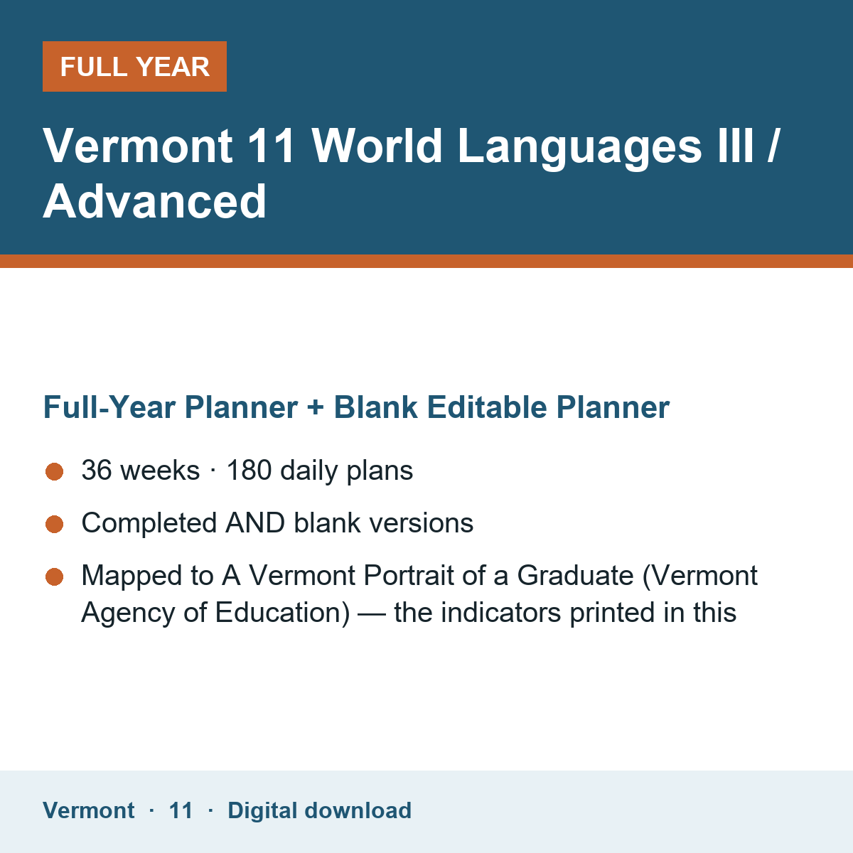 Cover of the Vermont Grade 11 World Languages III / Advanced full-year teacher planner