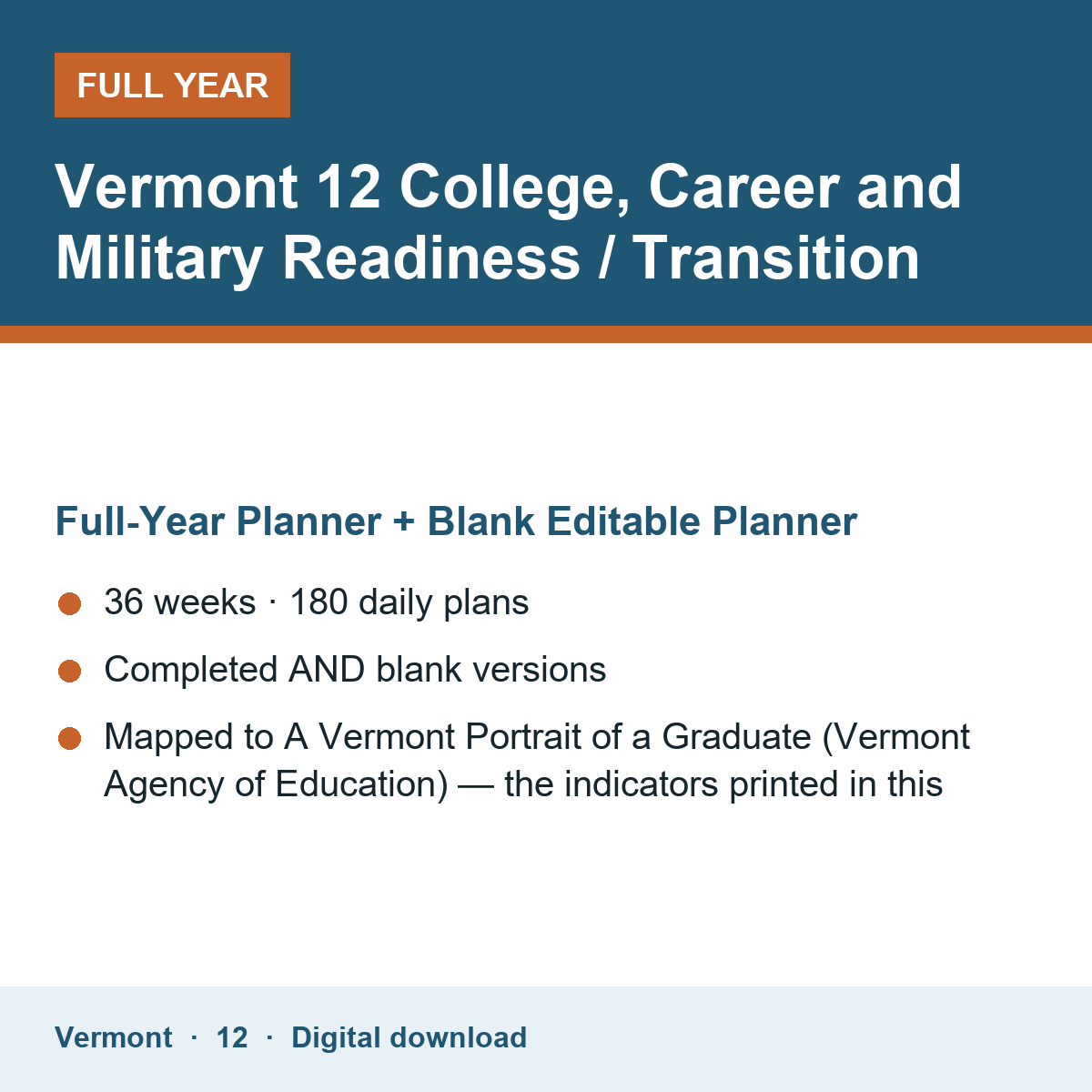 Cover of the Vermont Grade 12 College, Career and Military Readiness / Transition full-year teacher planner