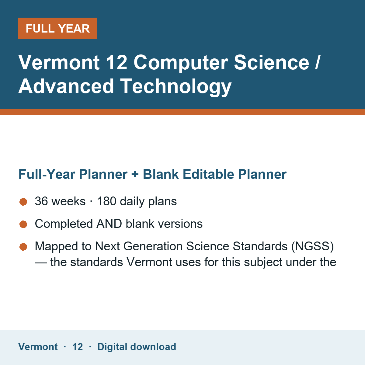 Cover of the Vermont Grade 12 Computer Science / Advanced Technology full-year teacher planner