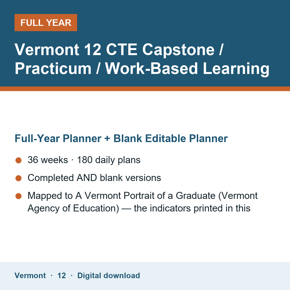 Cover of the Vermont Grade 12 CTE Capstone / Practicum / Work-Based Learning full-year teacher planner