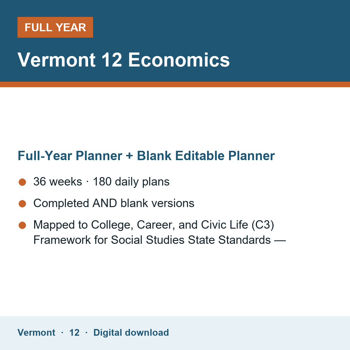 Cover of the Vermont Grade 12 Economics full-year teacher planner