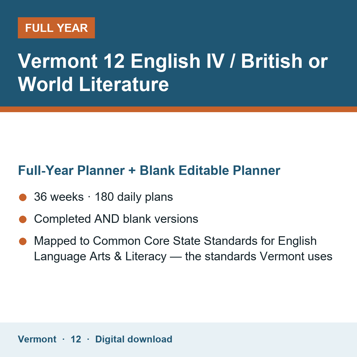 Cover of the Vermont Grade 12 English IV / British or World Literature full-year teacher planner