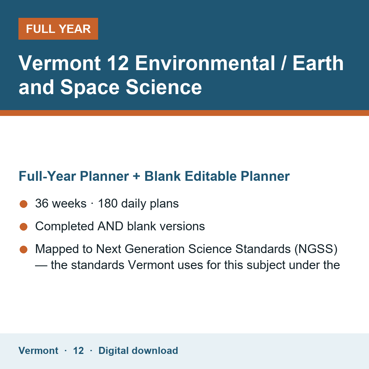 Cover of the Vermont Grade 12 Environmental / Earth and Space Science full-year teacher planner