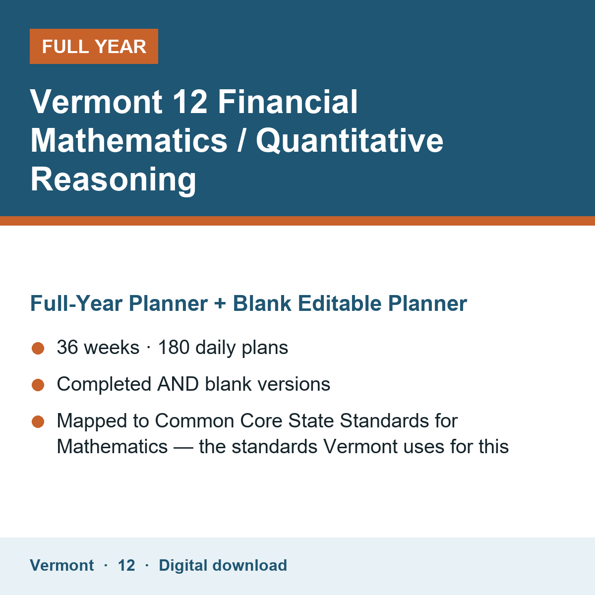 Cover of the Vermont Grade 12 Financial Mathematics / Quantitative Reasoning full-year teacher planner