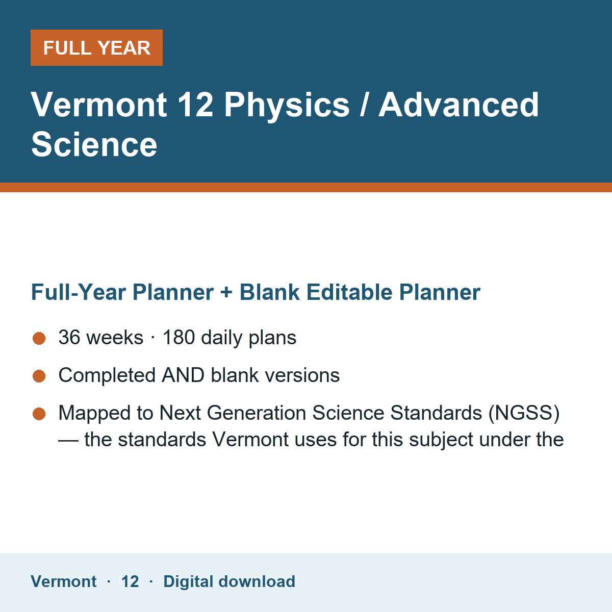 Cover of the Vermont Grade 12 Physics / Advanced Science full-year teacher planner