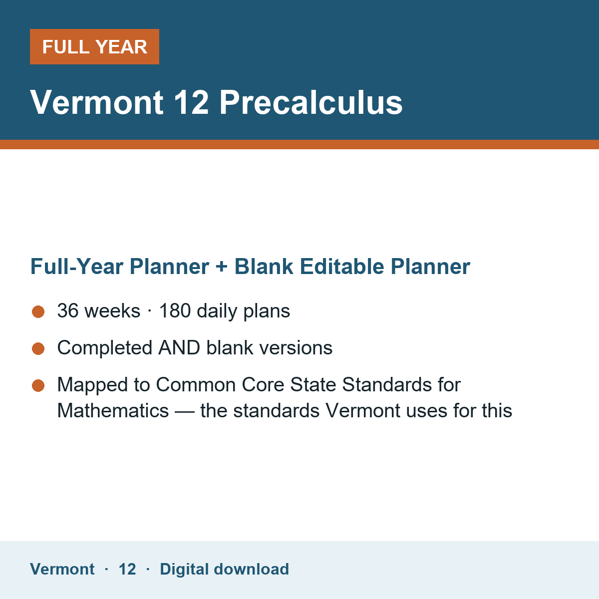 Cover of the Vermont Grade 12 Precalculus full-year teacher planner
