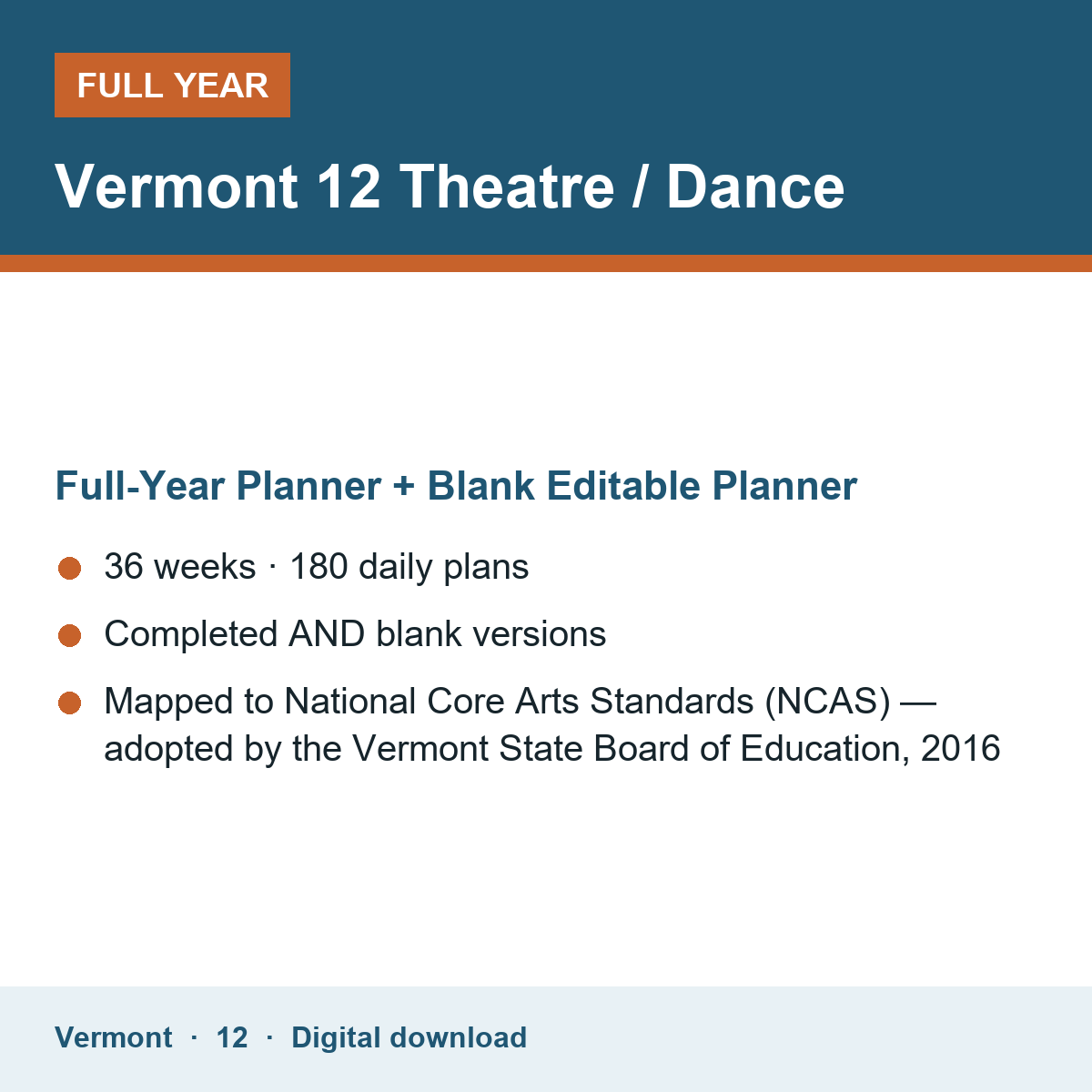 Cover of the Vermont Grade 12 Theatre / Dance full-year teacher planner