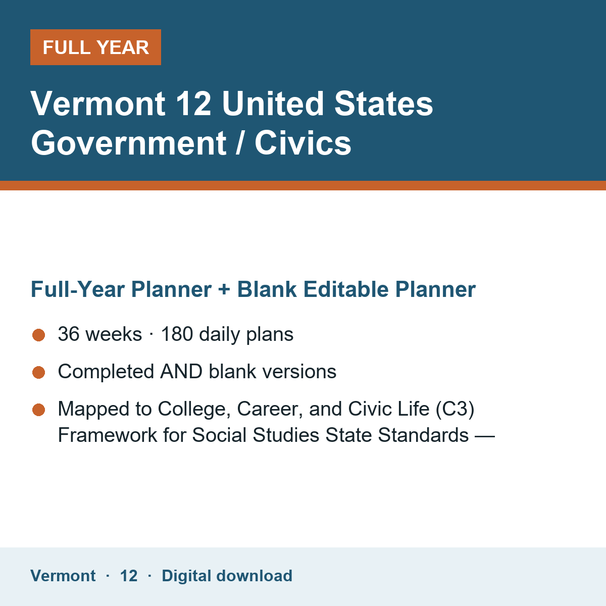 Cover of the Vermont Grade 12 United States Government / Civics full-year teacher planner