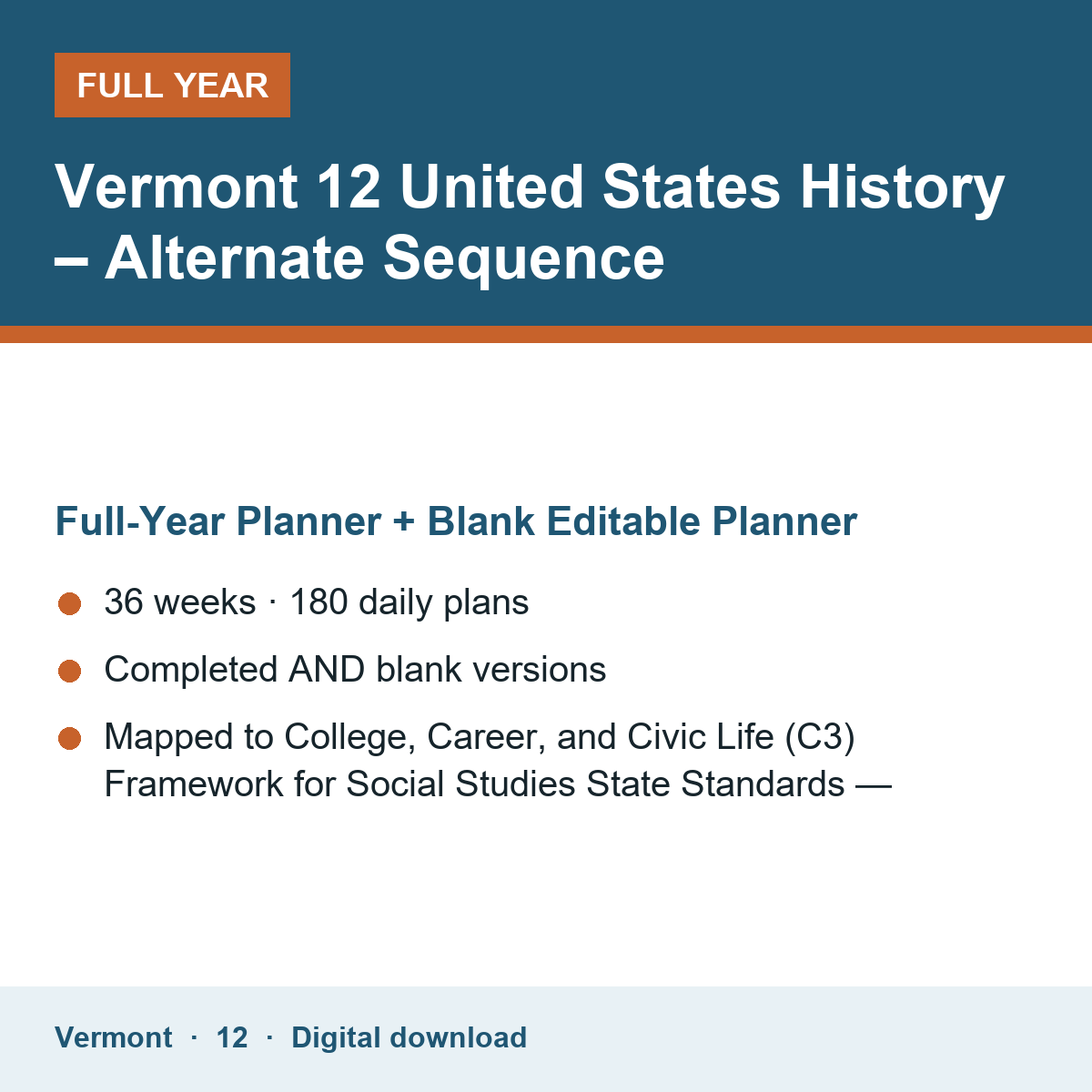 Cover of the Vermont Grade 12 United States History – Alternate Sequence full-year teacher planner