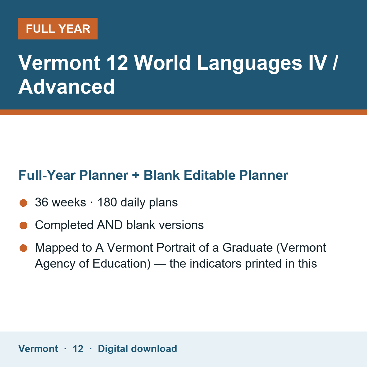 Cover of the Vermont Grade 12 World Languages IV / Advanced full-year teacher planner
