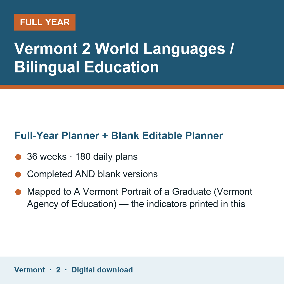 Cover of the Vermont Grade 2 World Languages / Bilingual Education full-year teacher planner
