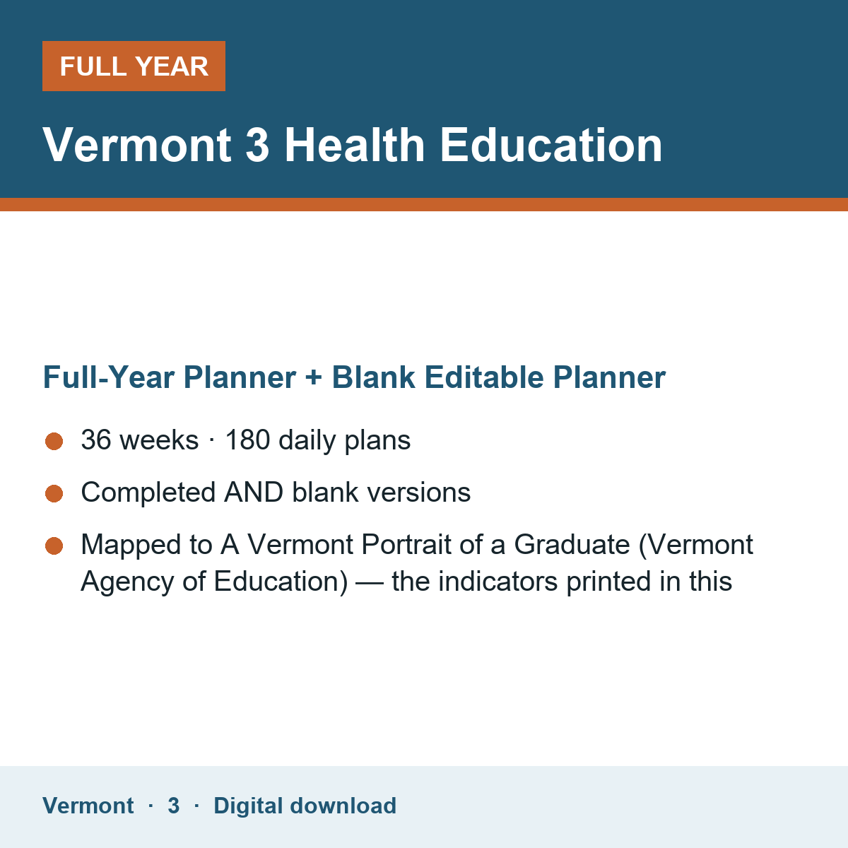 Cover of the Vermont Grade 3 Health Education full-year teacher planner