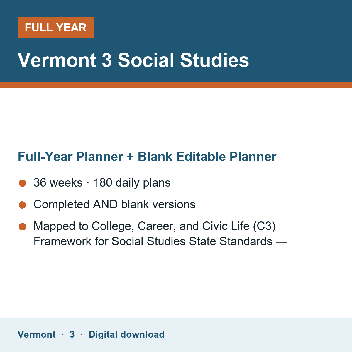 Cover of the Vermont Grade 3 Social Studies full-year teacher planner