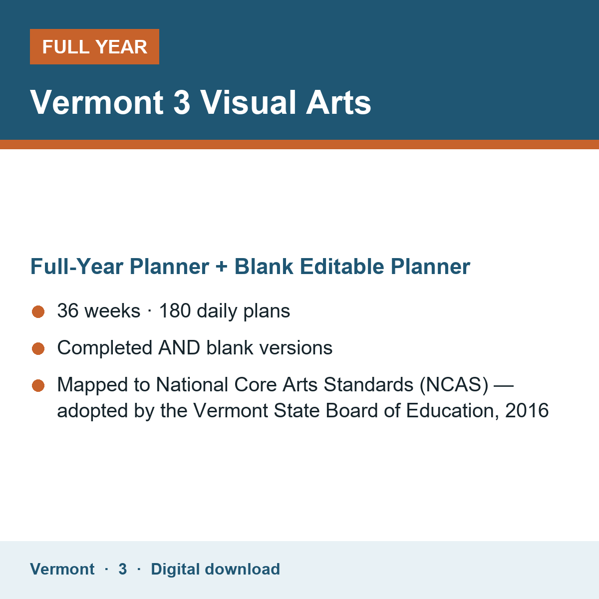 Cover of the Vermont Grade 3 Visual Arts full-year teacher planner