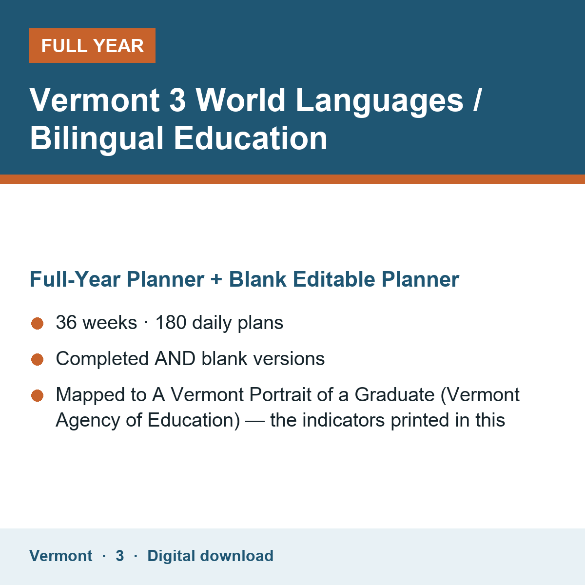 Cover of the Vermont Grade 3 World Languages / Bilingual Education full-year teacher planner