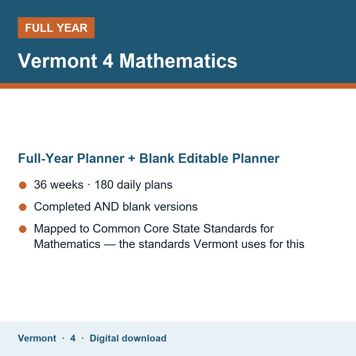 Cover of the Vermont Grade 4 Mathematics full-year teacher planner