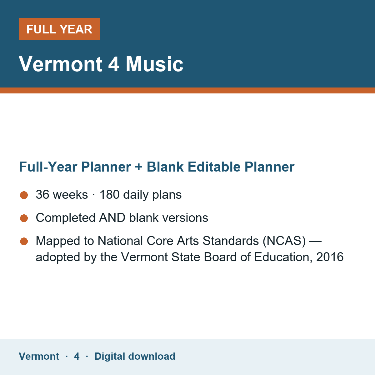 Cover of the Vermont Grade 4 Music full-year teacher planner