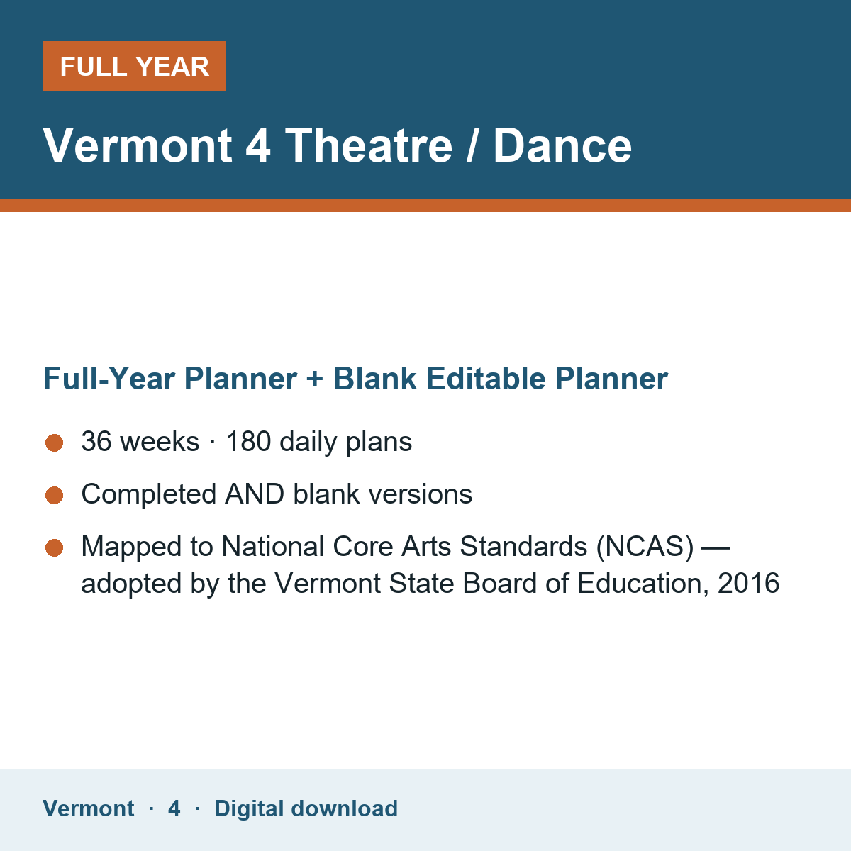 Cover of the Vermont Grade 4 Theatre / Dance full-year teacher planner