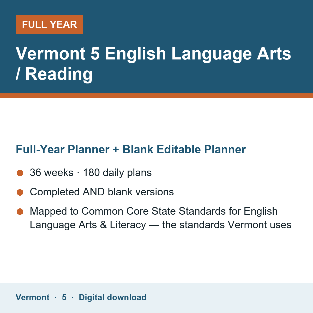 Cover of the Vermont Grade 5 English Language Arts / Reading full-year teacher planner