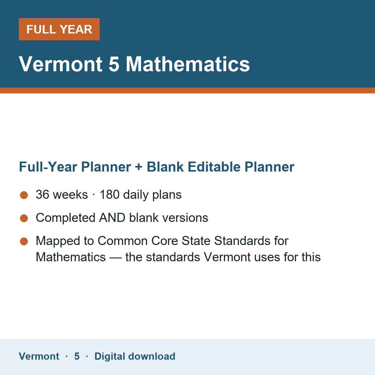 Cover of the Vermont Grade 5 Mathematics full-year teacher planner