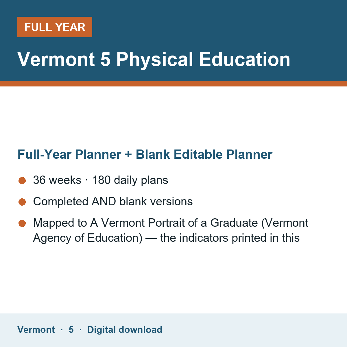 Cover of the Vermont Grade 5 Physical Education full-year teacher planner