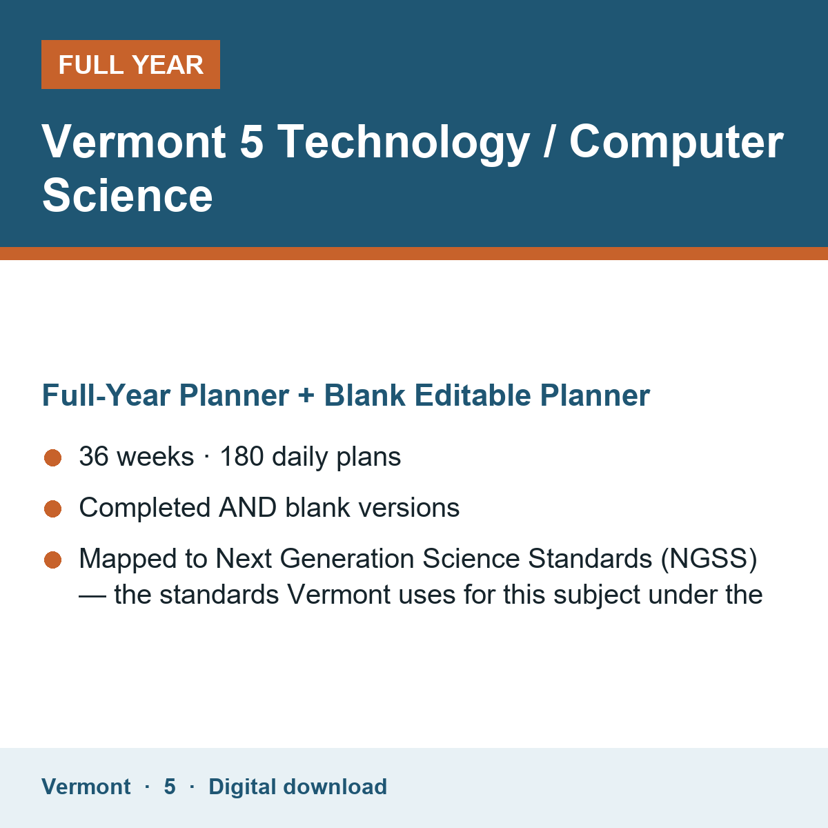 Cover of the Vermont Grade 5 Technology / Computer Science full-year teacher planner