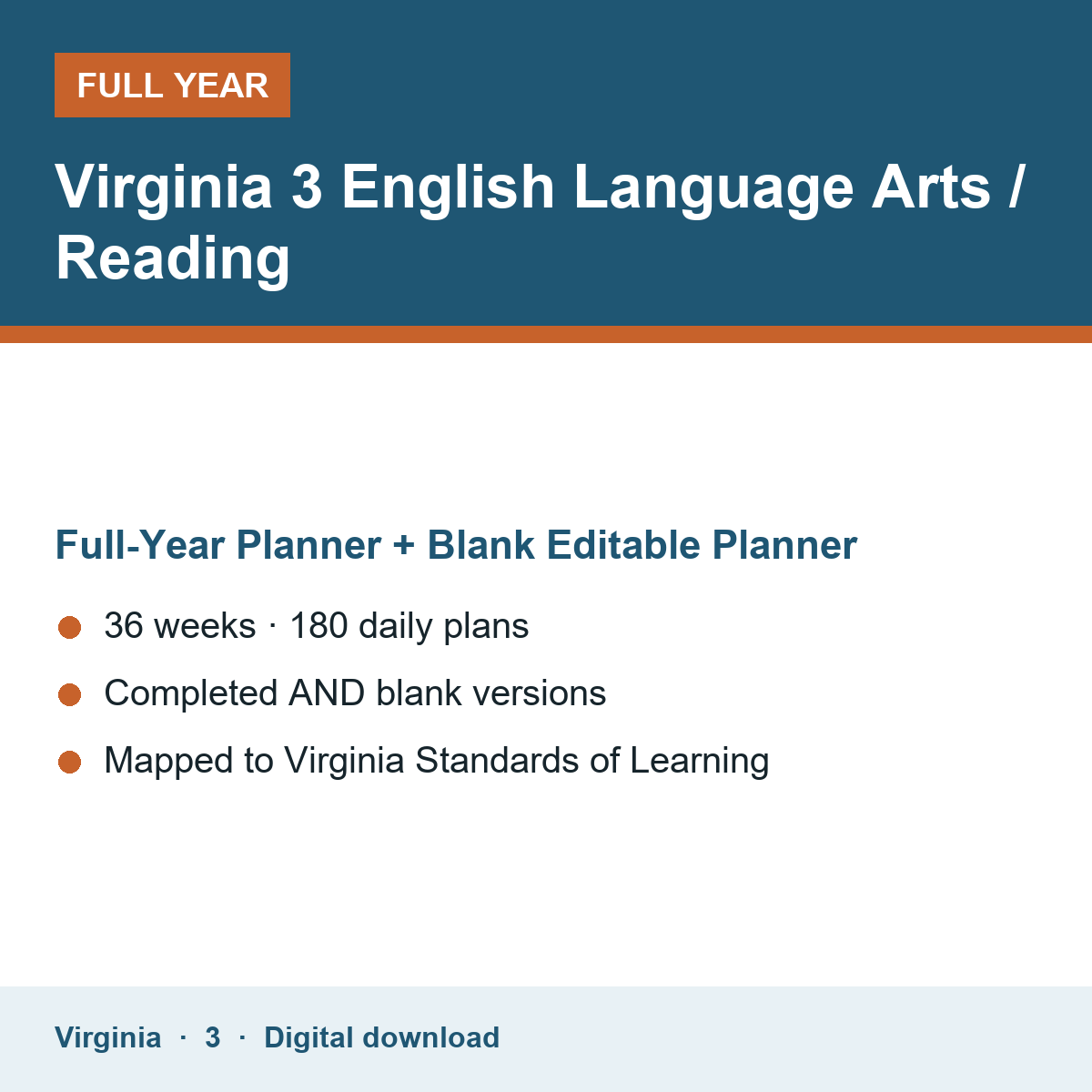 Cover of the Virginia Grade 3 English Language Arts / Reading full-year teacher planner