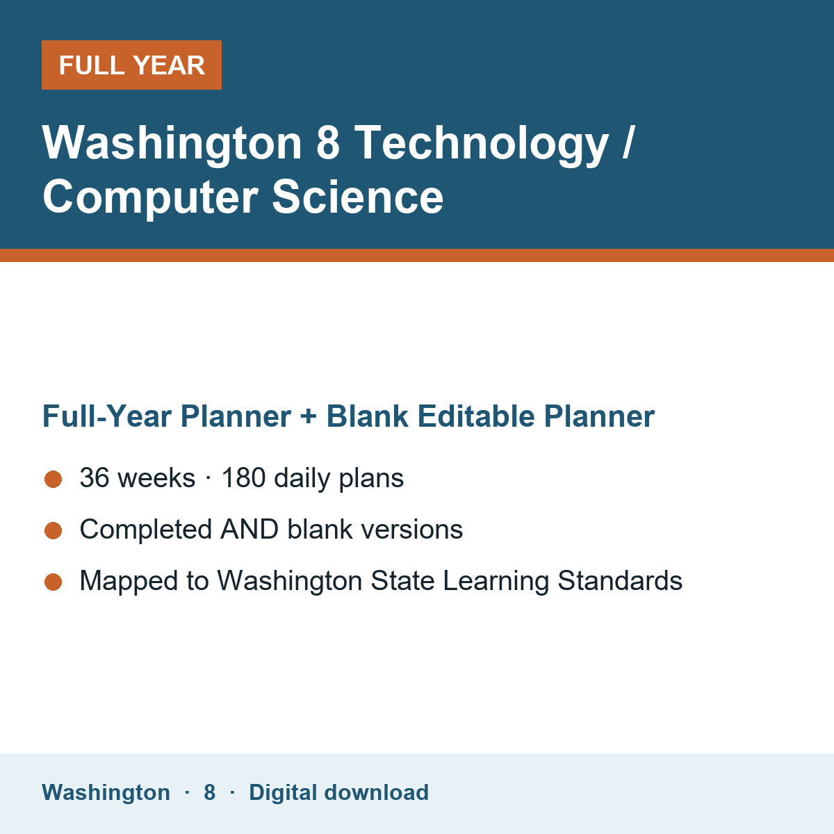 Cover of the Washington Grade 8 Technology / Computer Science full-year teacher planner