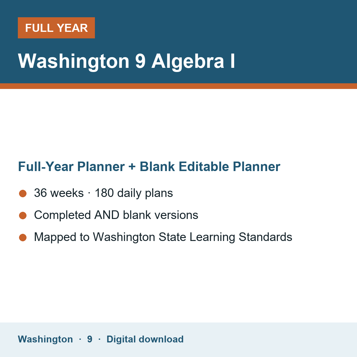 Cover of the Washington Grade 9 Algebra I full-year teacher planner