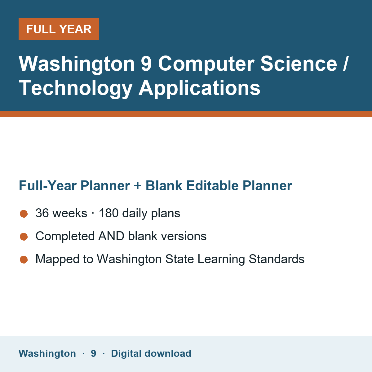 Cover of the Washington Grade 9 Computer Science / Technology Applications full-year teacher planner