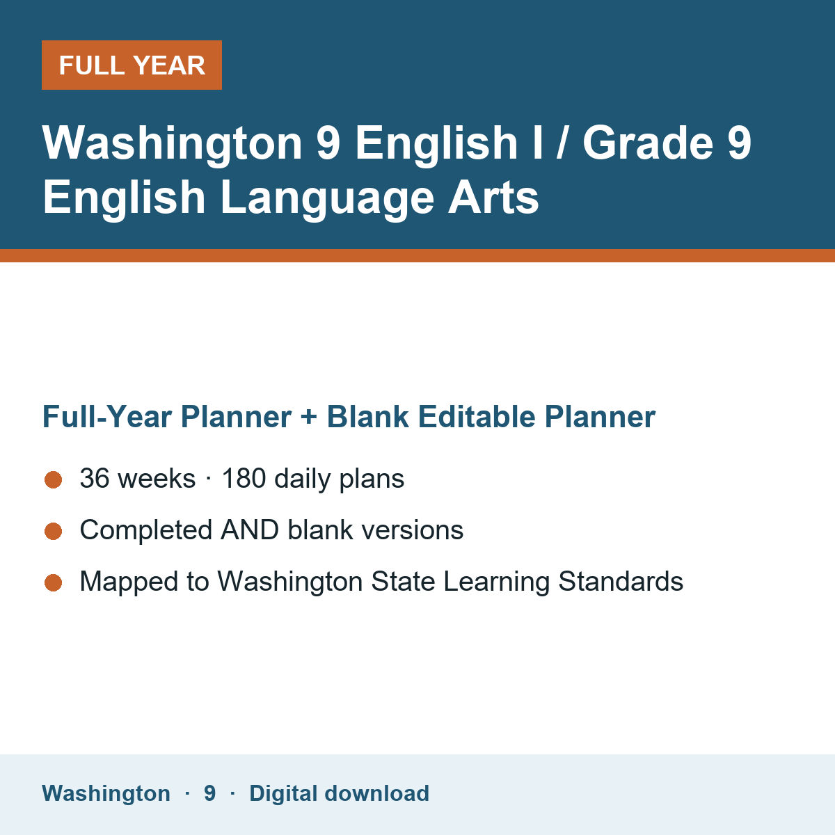 Cover of the Washington Grade 9 English I / Grade 9 English Language Arts full-year teacher planner