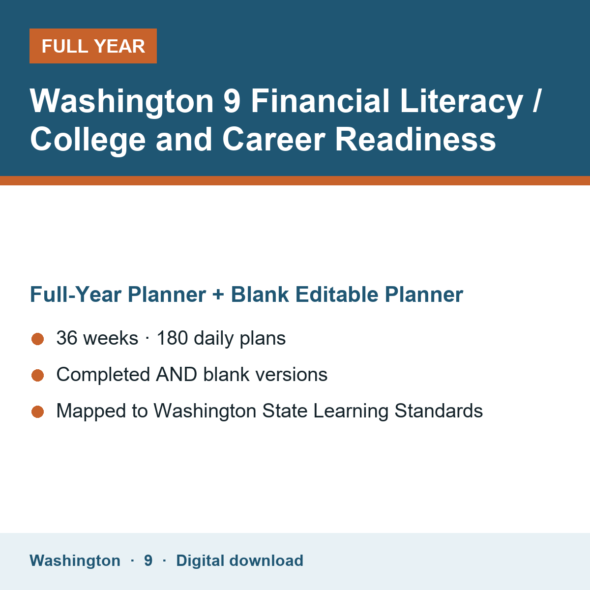 Cover of the Washington Grade 9 Financial Literacy / College and Career Readiness full-year teacher planner