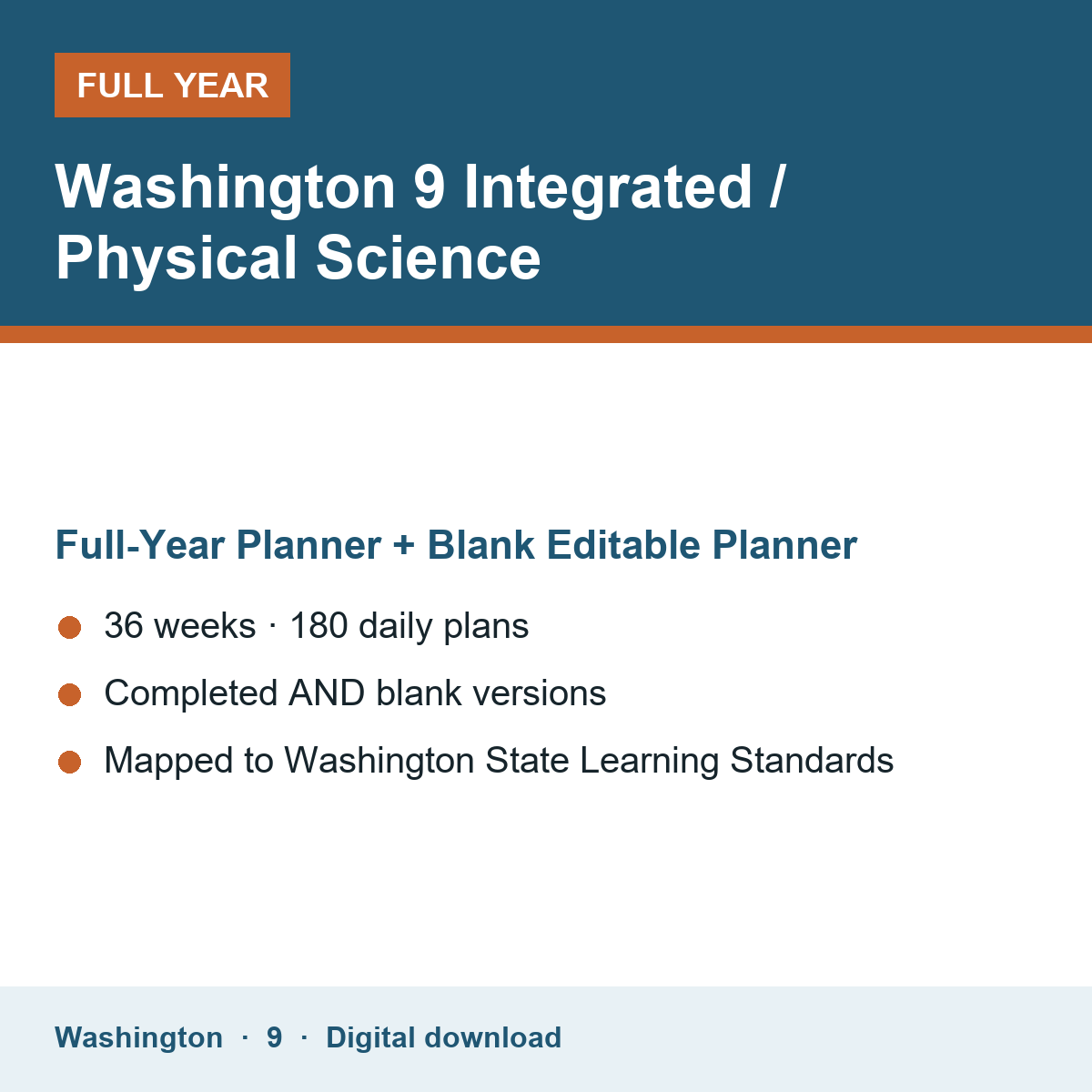 Cover of the Washington Grade 9 Integrated / Physical Science full-year teacher planner