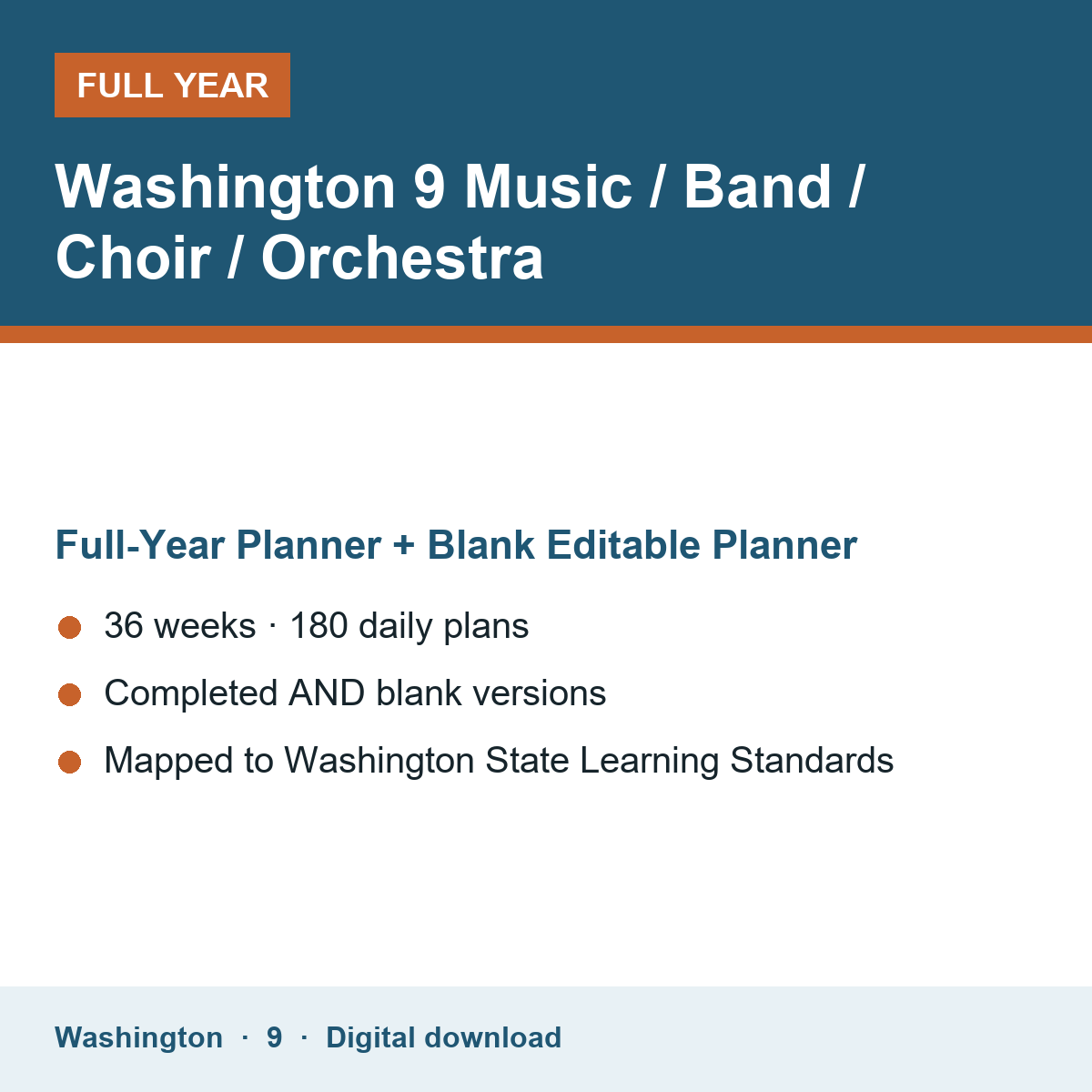 Cover of the Washington Grade 9 Music / Band / Choir / Orchestra full-year teacher planner