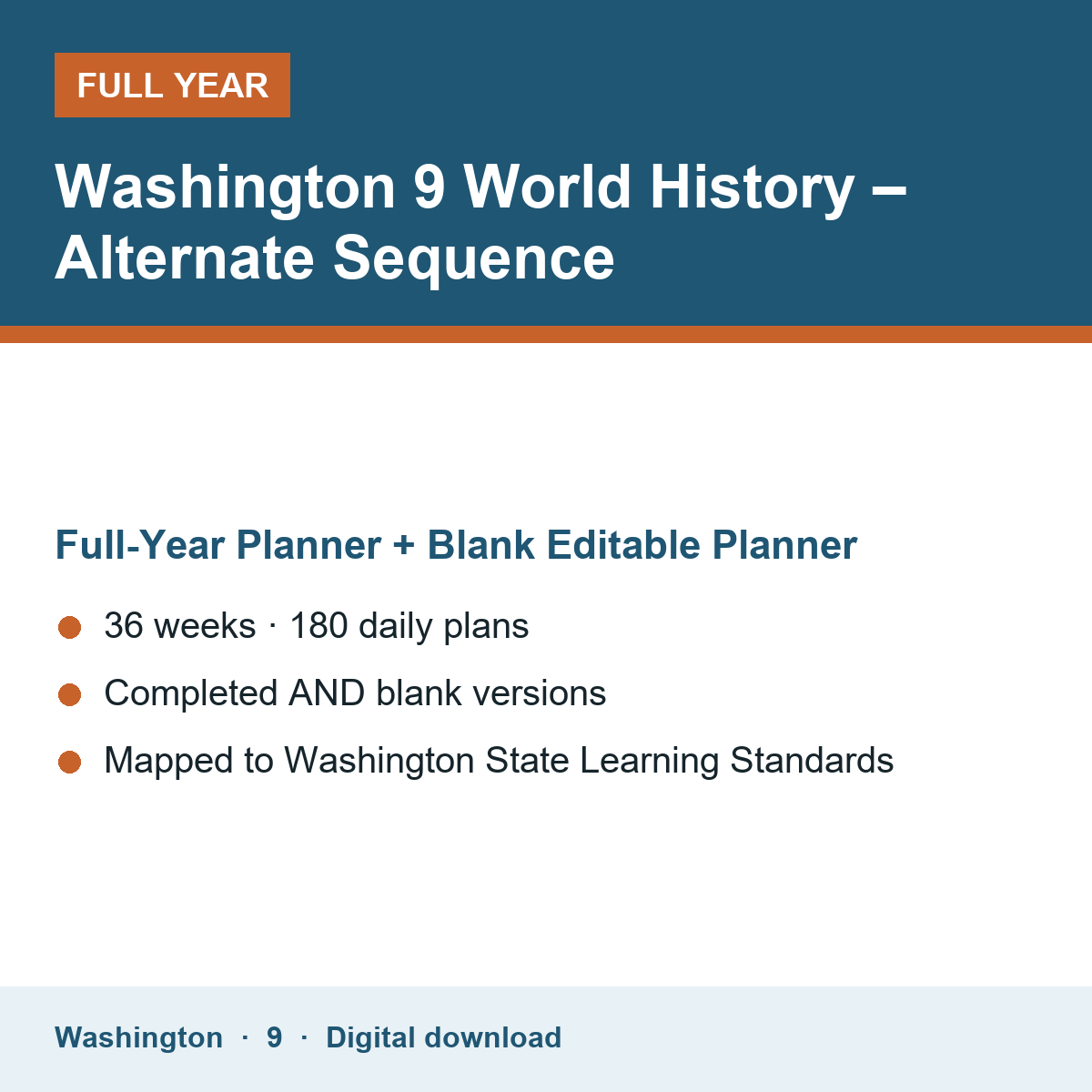 Cover of the Washington Grade 9 World History – Alternate Sequence full-year teacher planner