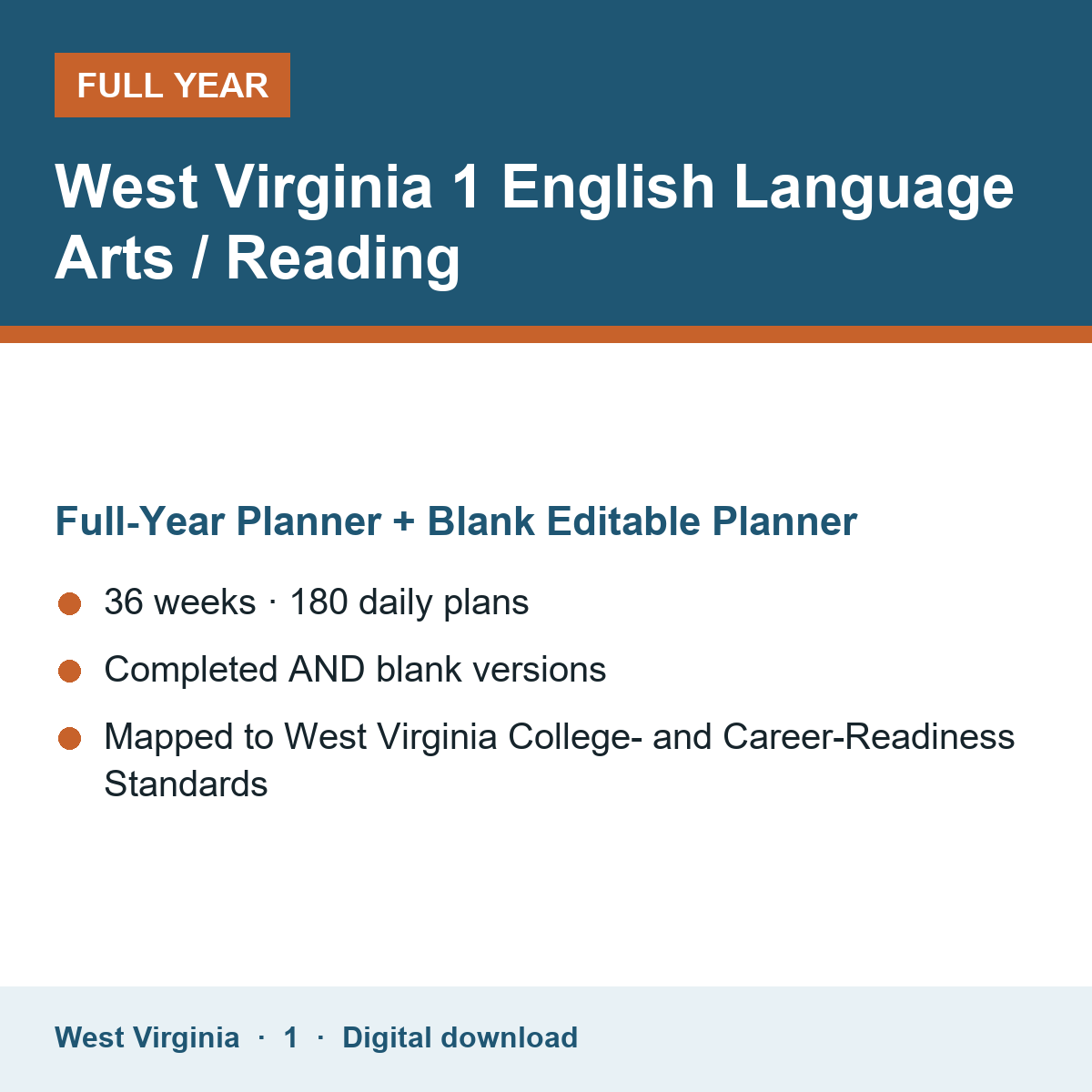 Cover of the West Virginia Grade 1 English Language Arts / Reading full-year teacher planner
