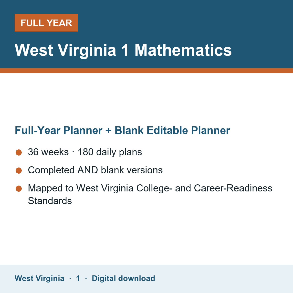 Cover of the West Virginia Grade 1 Mathematics full-year teacher planner