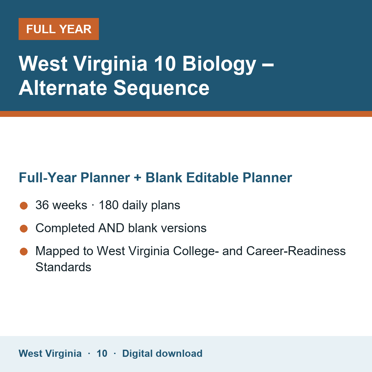 Cover of the West Virginia Grade 10 Biology – Alternate Sequence full-year teacher planner