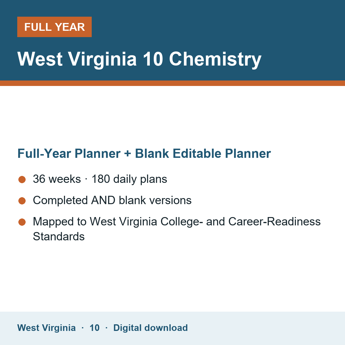 Cover of the West Virginia Grade 10 Chemistry full-year teacher planner