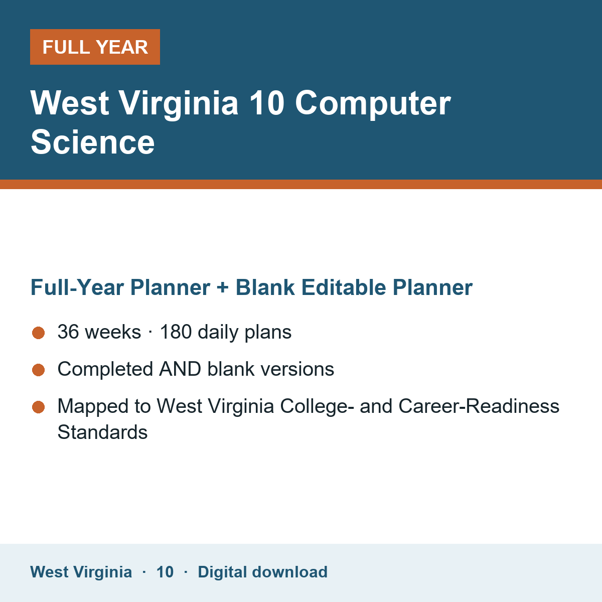 Cover of the West Virginia Grade 10 Computer Science full-year teacher planner