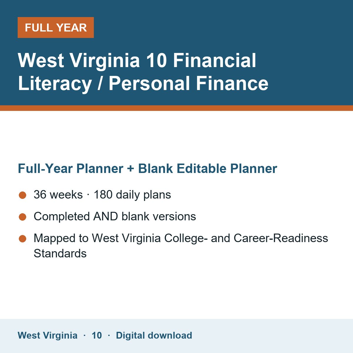 Cover of the West Virginia Grade 10 Financial Literacy / Personal Finance full-year teacher planner