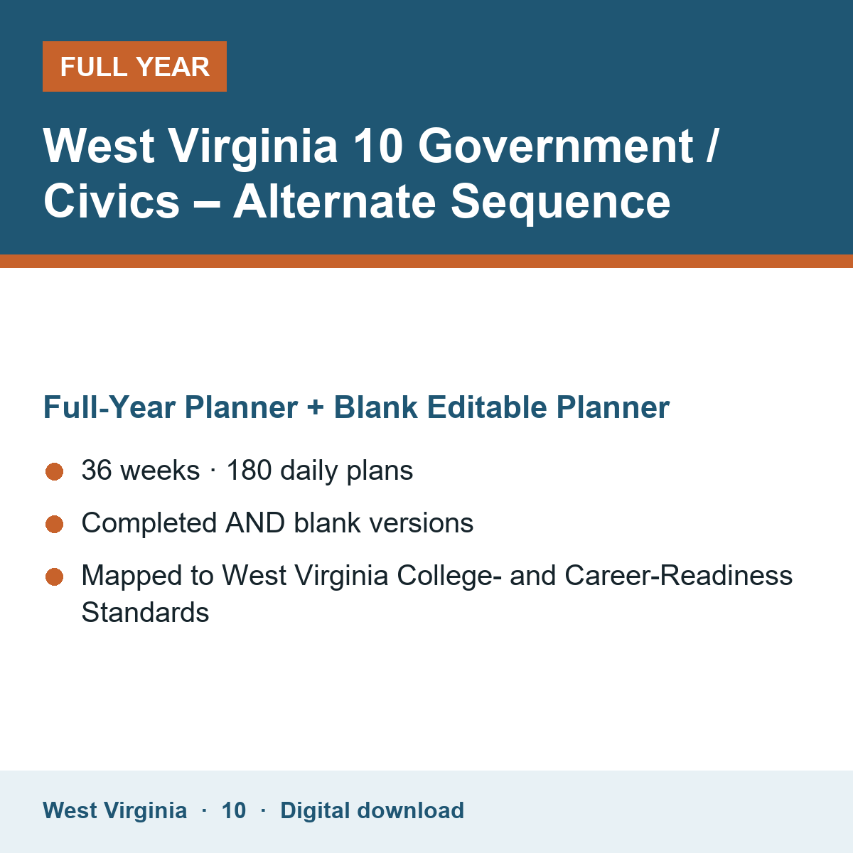 Cover of the West Virginia Grade 10 Government / Civics – Alternate Sequence full-year teacher planner