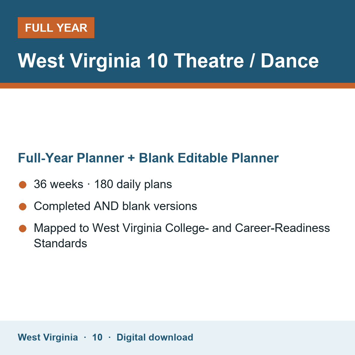 Cover of the West Virginia Grade 10 Theatre / Dance full-year teacher planner